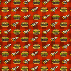 Pattern burgers and pizza slice concept illustration backgrund fast food