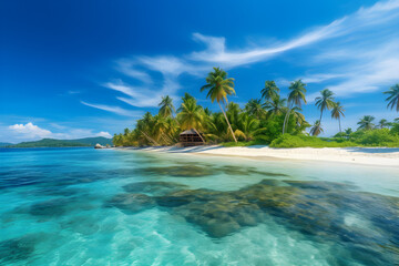 Fototapeta na wymiar Beautiful tropical island with palm trees and beach panoramic, Generative AI