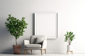 Fototapeta na wymiar Interior poster mock up with vertical empty wooden frame standing on floor, gray armchair and gree tree in modern white room. Generative AI