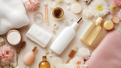 Elegant Perfume and Makeup Products on White Background: Beauty and Glamour Essentials