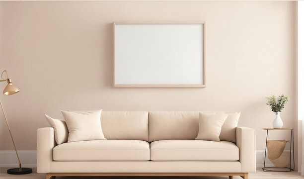 Mock-up frame in beige home interior with sofa from generative AI