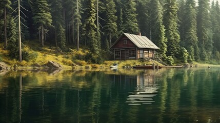 Obraz premium A rustic cabin surrounded by trees in a forest setting. Generative ai