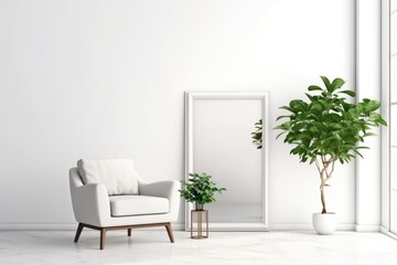 Interior poster mock up with vertical empty wooden frame standing on floor, gray armchair and gree tree in modern white room. Generative AI