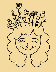 Woman portrait with spring mood. Female head in outline style.