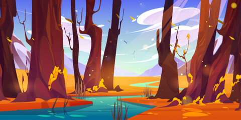 River in autumn forest and mountain nature vector cartoon landscape. Falling leaves from tree scene and beautiful stream near meadow. Orange grass and woods panoramic wilderness environment backdrop