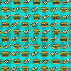 Burger and pizza pattern seamless blue decoration background texture vector food