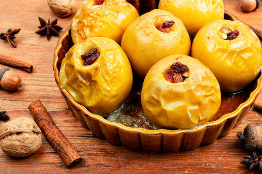 Homemade baked apples stuffed with nuts