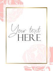 Flat style background template with pink silhouette roses on white background with golden frame