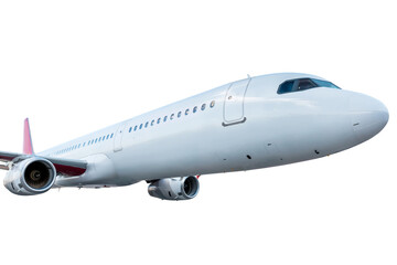Close-up passenger jet plane fly isolated on white background