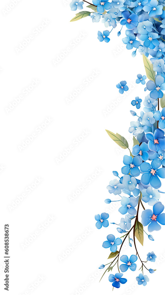 Sticker charming forget-me-not flowers as a frame border, isolated with negative space for layouts