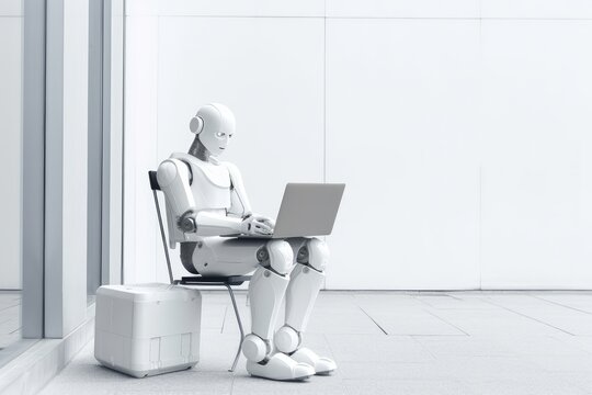White robot working with laptop in modern white office background. Artificial intelligence and machine learning process for the 4th fourth industrial revolution. Generative AI