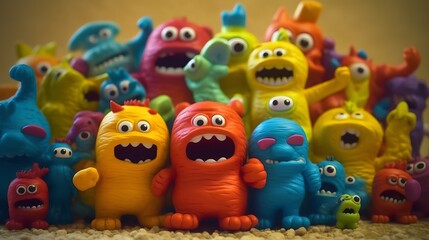 A colorful group of monster toys lined up together. Generative ai