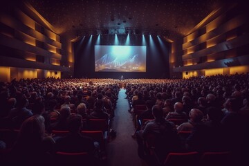Audience Full of Tech People in Dark Conference Hall. Generative AI
