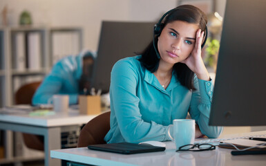 Call center, bored and tired woman in office for customer service or support at night. Telemarketing, computer and fatigue of female sales agent, burnout consultant or lazy employee with crm deadline