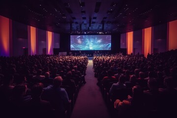 Fototapeta na wymiar Audience Full of Tech People in Dark Conference Hall. Generative AI