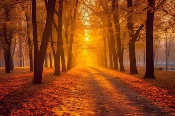 Fototapeta premium Autumn forest path. Orange color tree, red brown maple. Generative AI 