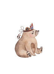 Fototapeta premium watercolor illustration teddy bear, bear cub, Indian, boho, for children on a transparent background. cute teddy bear for stickers, wall stickers. enjoy