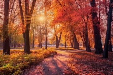 Naklejka na ściany i meble Autumn forest path. Orange color tree, red brown maple. Generative AI 