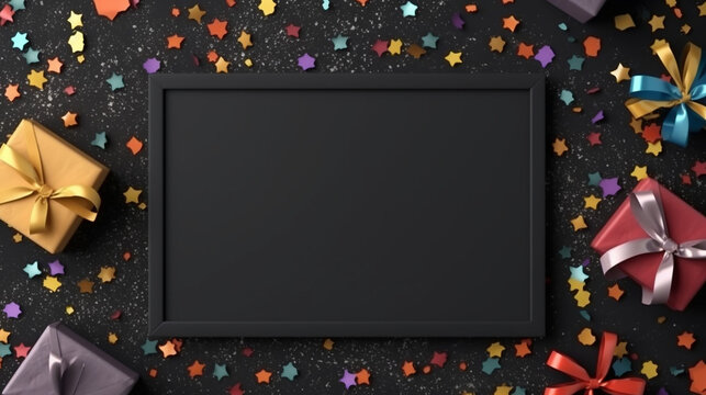 Slate board and confetti on black background top view. Generative AI