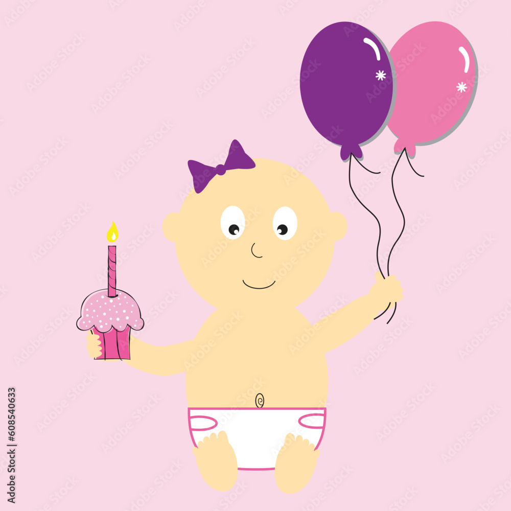 Poster baby girl's first birthday with balloons and cupcake