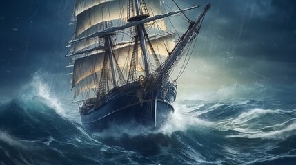 A sailing ship battling a stormy sea. Generative ai - obrazy, fototapety, plakaty
