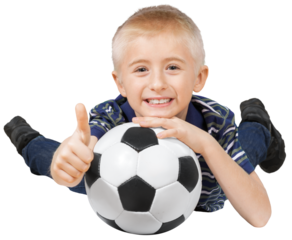 Little boy with football ball isolated on white background