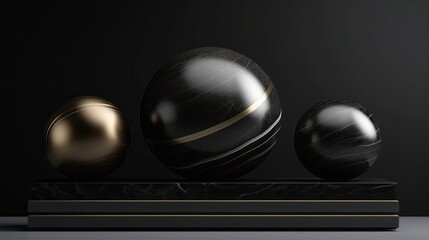 Three metallic black and gold balls on a dark background. Generative ai