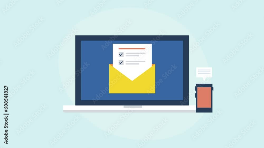 Poster business email appears on laptop screen, open mail company task complete checklist report, message c