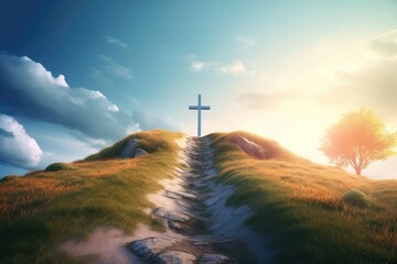 Path with stairs leading to Christian cross on hill. Happy easter. Christian symbol of faith. Generative AI