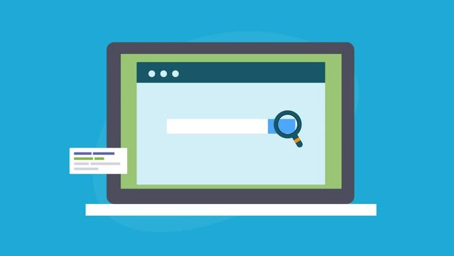 Browing search engine on laptop, high website ranking increase visitors' growth arrow upward, making money from SEO growth strategy, video animation.