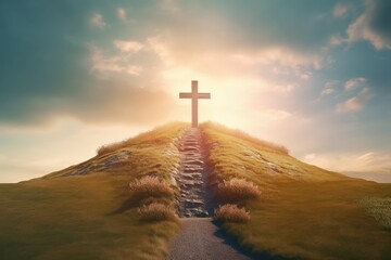 Path with stairs leading to Christian cross on hill. Happy easter. Christian symbol of faith. Generative AI