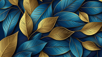 Luxury blue background with golden metal leaves. 
