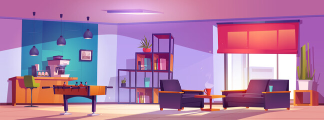 Office breakout room cartoon vector design. Lounge break zone creative interior for young community in coworking background. Modern clinic relax and recreation space with armchair, football and sofa.