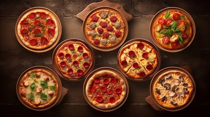 Fototapeta na wymiar Six delicious pizzas on top of baking pans. Generative ai