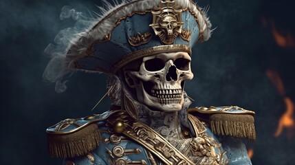 illustration of an old skull pirate on board a ship, a portrait of a captain, a sea wolf, black background, generated AI Generative AI