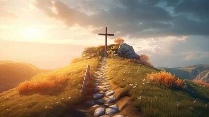 Path with stairs leading to Christian cross on hill. Happy easter. Christian symbol of faith. Generative AI - obrazy, fototapety, plakaty