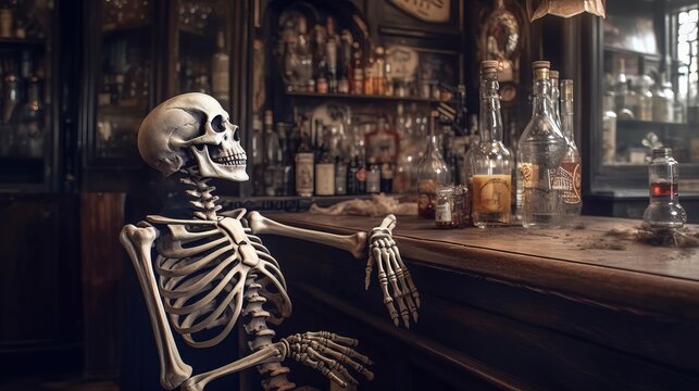 A Skeleton Enjoying Drinks at a Bar. Generative ai