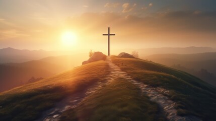Path with stairs leading to Christian cross on hill. Happy easter. Christian symbol of faith. Generative AI - 608543017