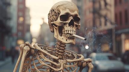 A skeleton smoking a cigarette on a busy city street. Generative ai