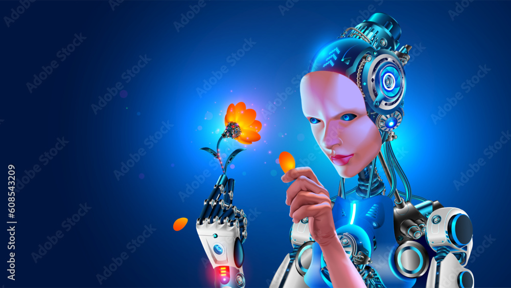 Poster AI learns world. Artificial intelligence in humanoid head take in arm artificial robotic flower. Woman anthropomorphic cyborg or robot. Computer neural network Learning. AI with electronic brain.