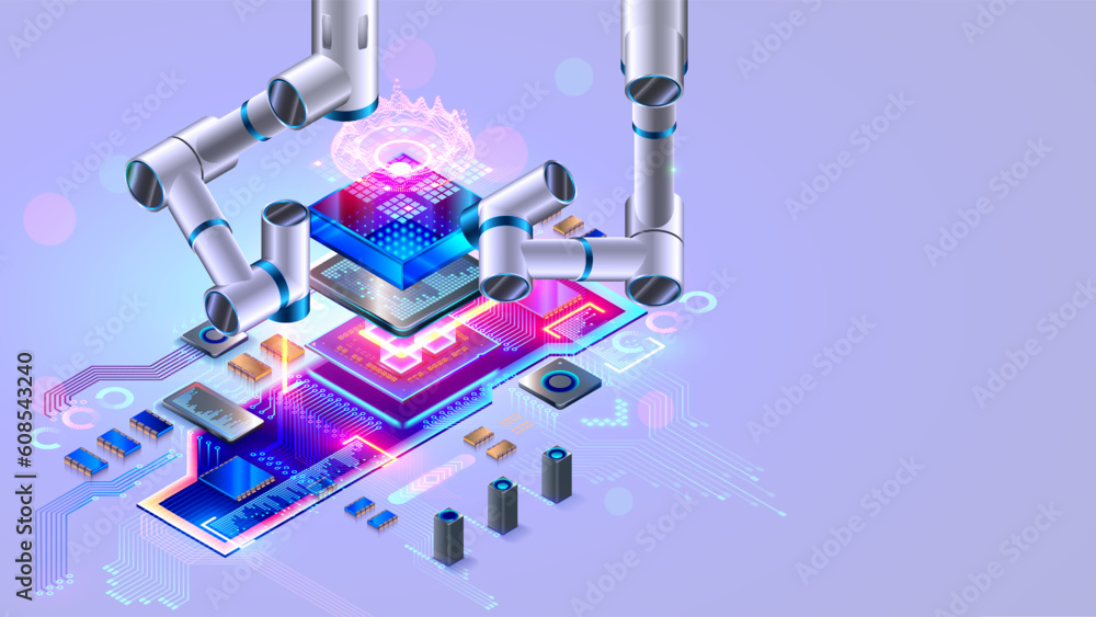 Poster industrial robotic arms on assembly line manufacturing board with chip, cpu, electronic components. 