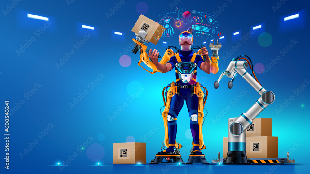 Poster engineer is working in futuristic bionic exoskeleton and picking up boxes on factory. robotic exosui
