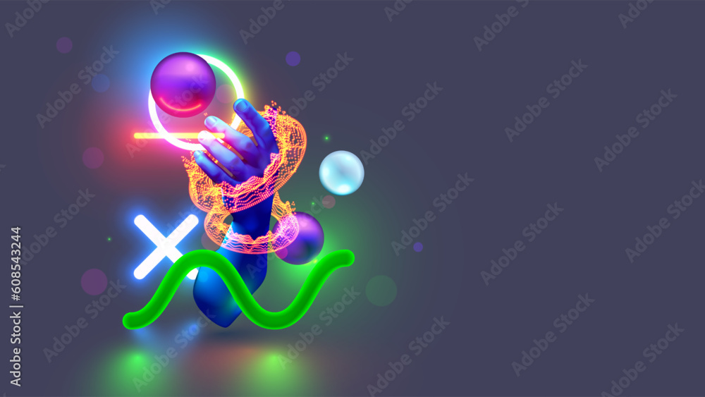 Aufkleber Technology background with abstract digital geometric figures in neon lights. Tech future concept background. Hand user in VR 3d cyber space interacts with digital computer data. Technology Banner.