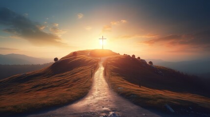 Path with stairs leading to Christian cross on hill. Happy easter. Christian symbol of faith. Generative AI - 608543204