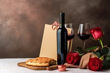 Blank letter, rose, bottle of wine, cookies. Generative AI