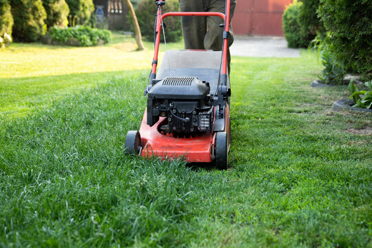 Lawn mover on green grass. Machine for cutting lawns.
