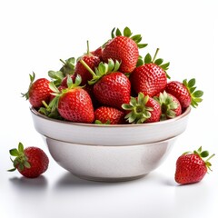 A fresh strawberries in a white bowl. Fresh raw organic fruit. Generative AI.