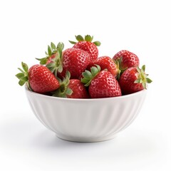 A fresh strawberries in a white bowl. Fresh raw organic fruit. Generative AI.