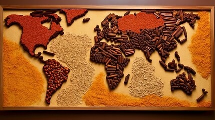 A world map created entirely from coffee beans. Generative ai
