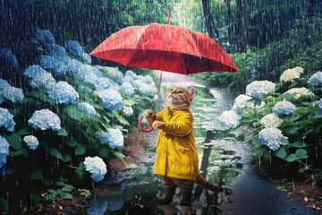 雨に打たれて喜ぶ赤い傘の猫：AI作品
 - obrazy, fototapety, plakaty